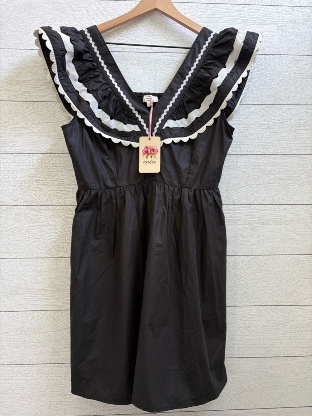 ENTRO Ric Rac Ruffle Mini Dress Black White Size Large NWT - Picture 7 of 15